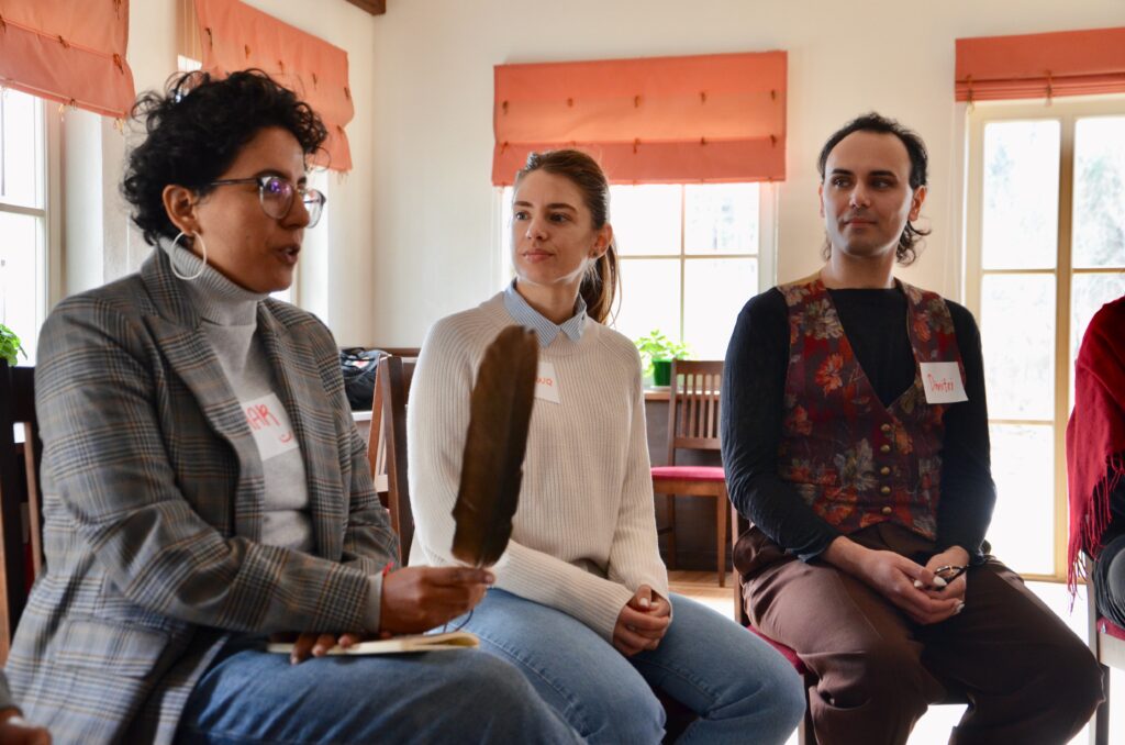 From left: Mar Marín, Marijana Sundic and Onyx (Dimitrios Karagiannidis) in the Bootcamp of the Democracy Defenders Accelerator. Photo: Meelika Hirmo